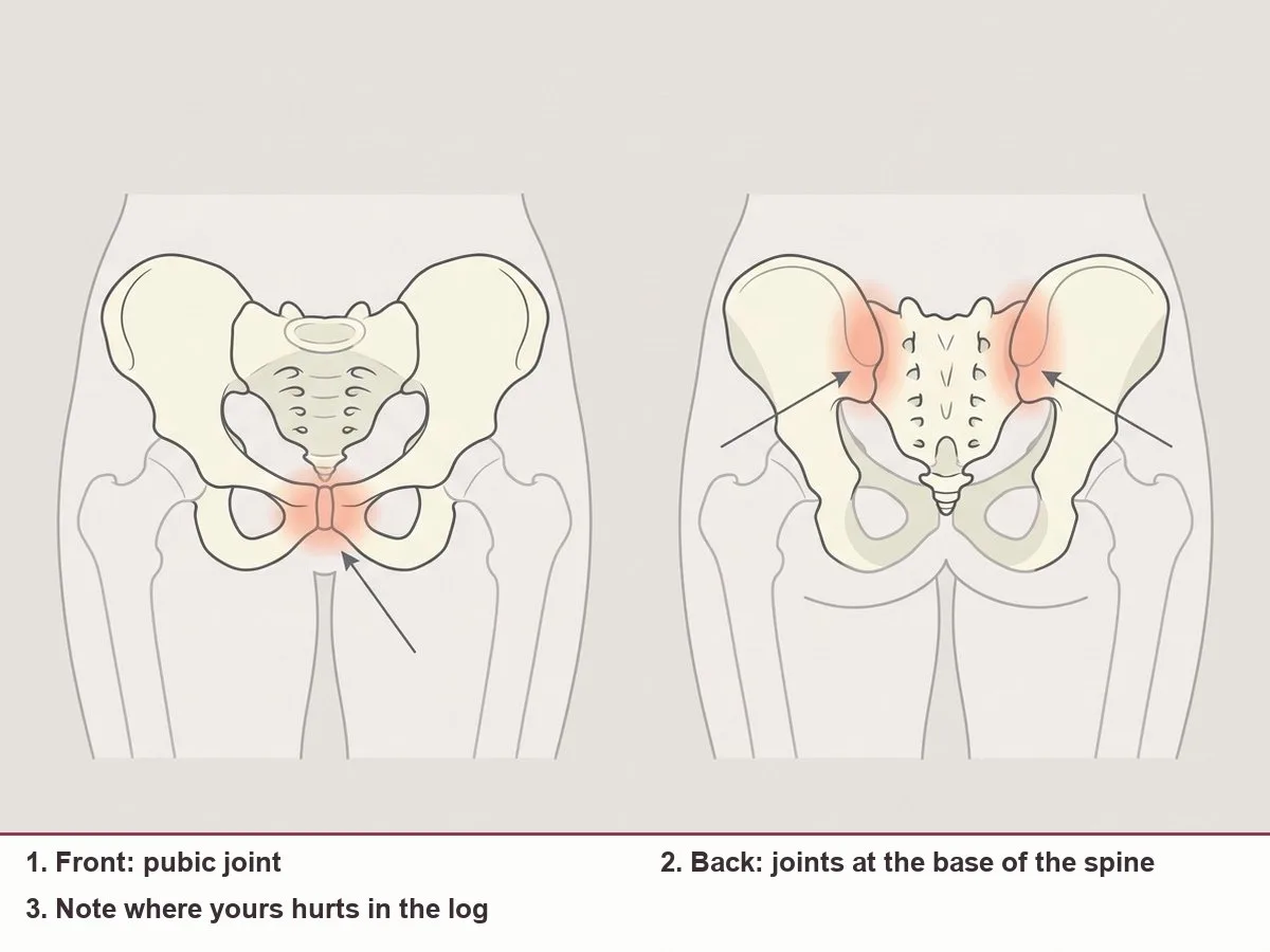 Front and back illustration of a pelvis with soft highlighted areas at the pubic joint at the front and the two joints at the lower back