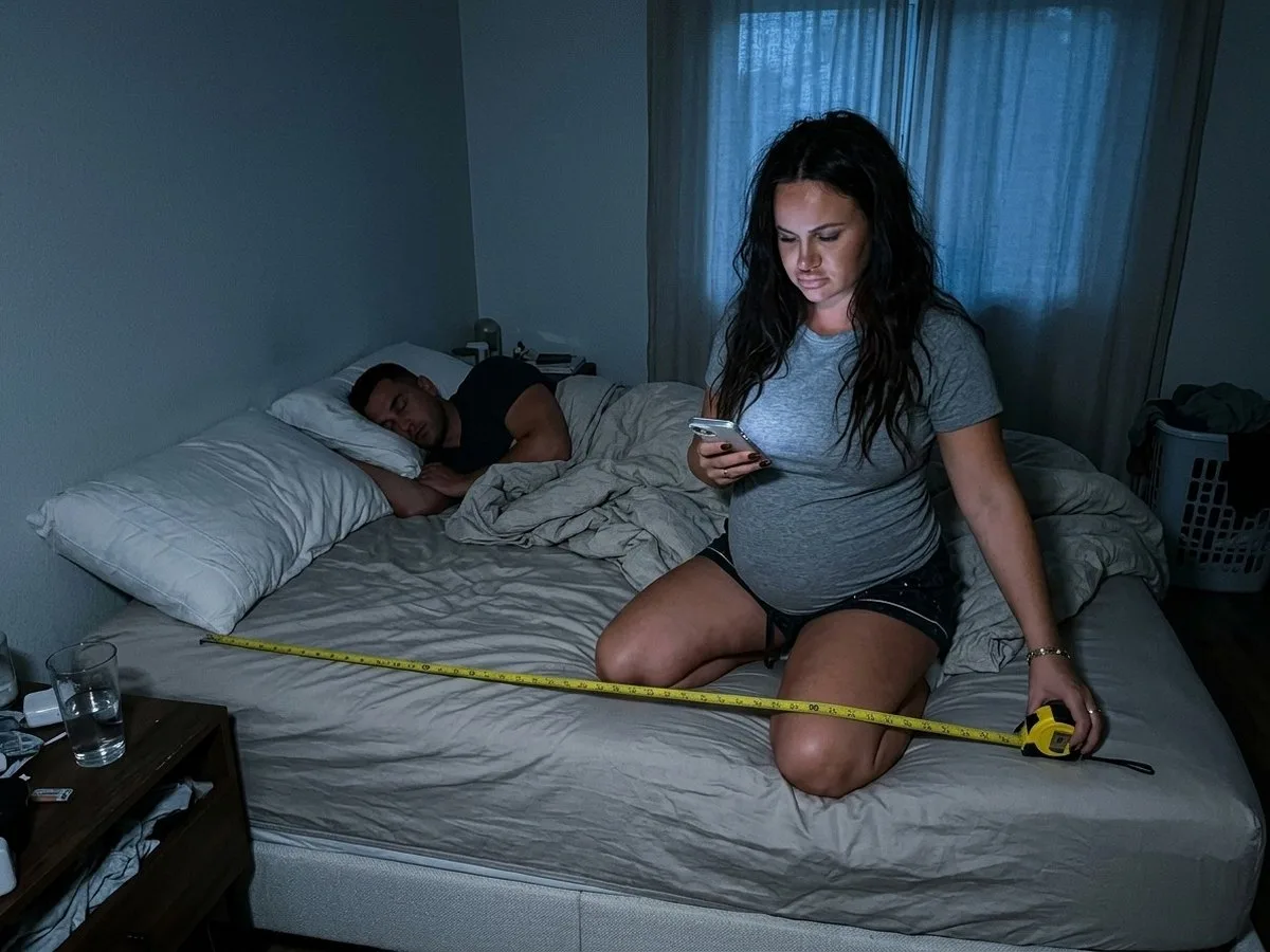 Pregnant woman kneeling on a queen bed at night with a tape measure and her phone, measuring her half of the mattress while her partner sleeps