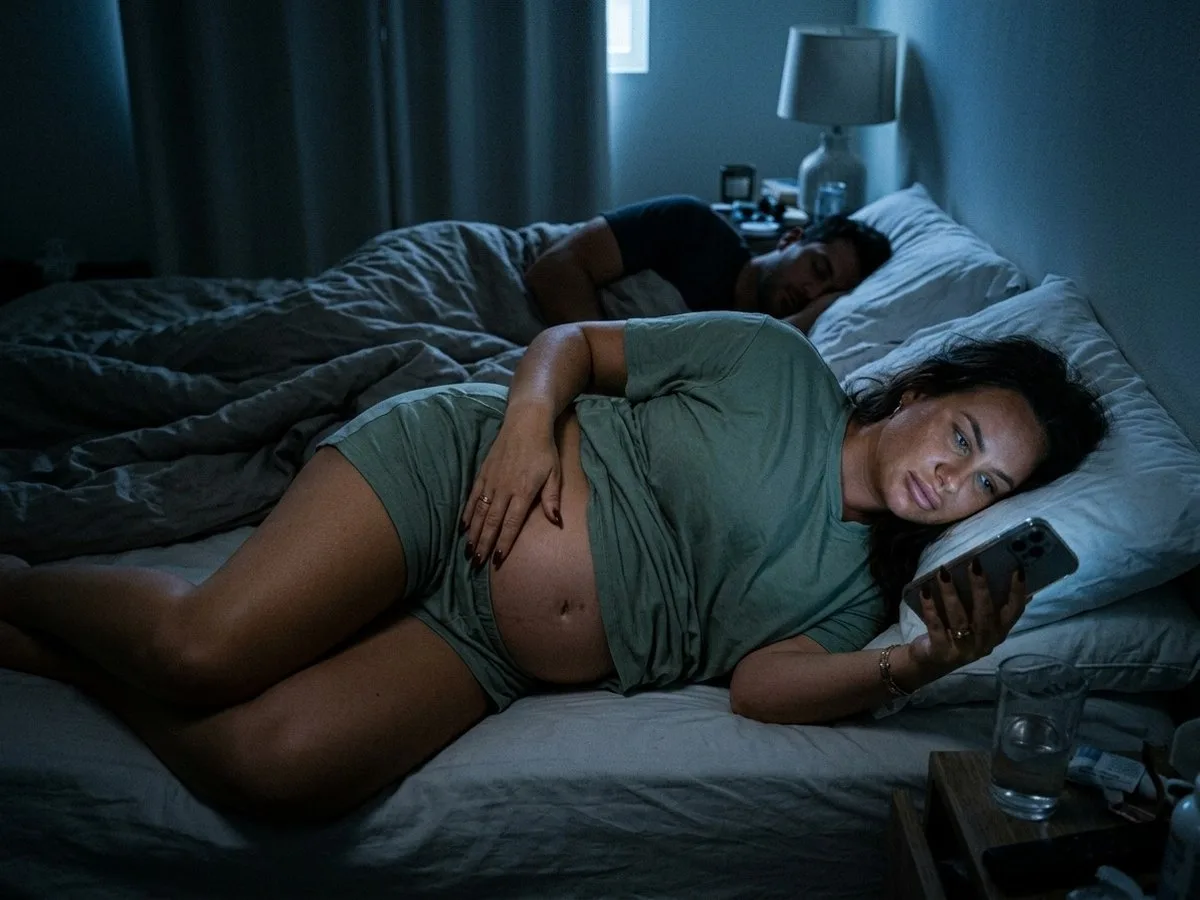 Pregnant woman lying awake on her side at night, top knee dropped onto the mattress, a phone showing a shopping cart