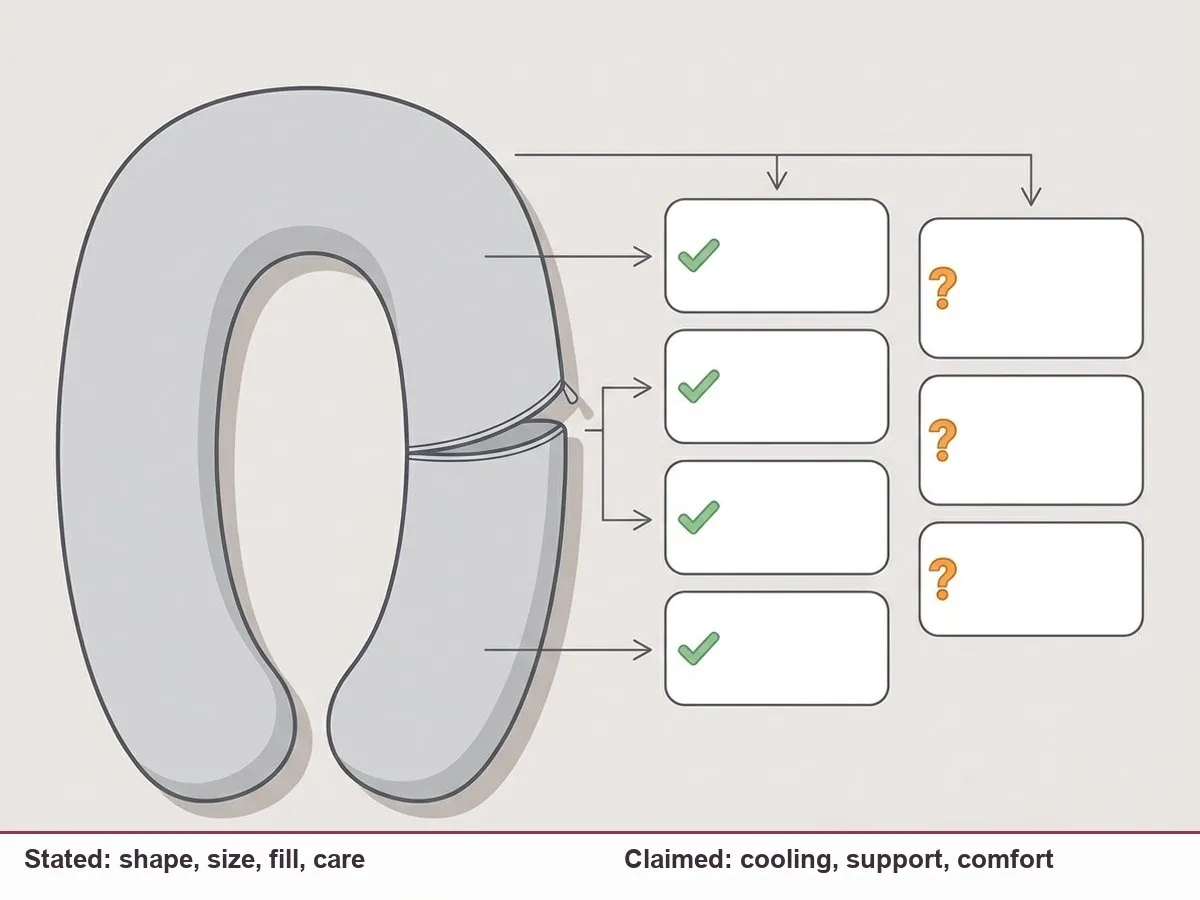 Illustration of a large U-shaped pillow beside a checklist-style split: shape, size, fill and care marked as stated, cooling and comfort marked as untested claims