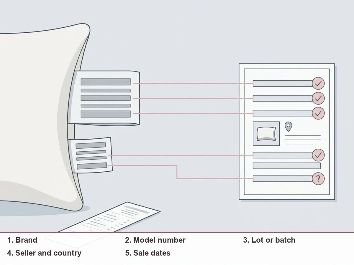 Illustration of a pillow care tag next to an official notice, with matching lines connecting brand, model number, lot code and country