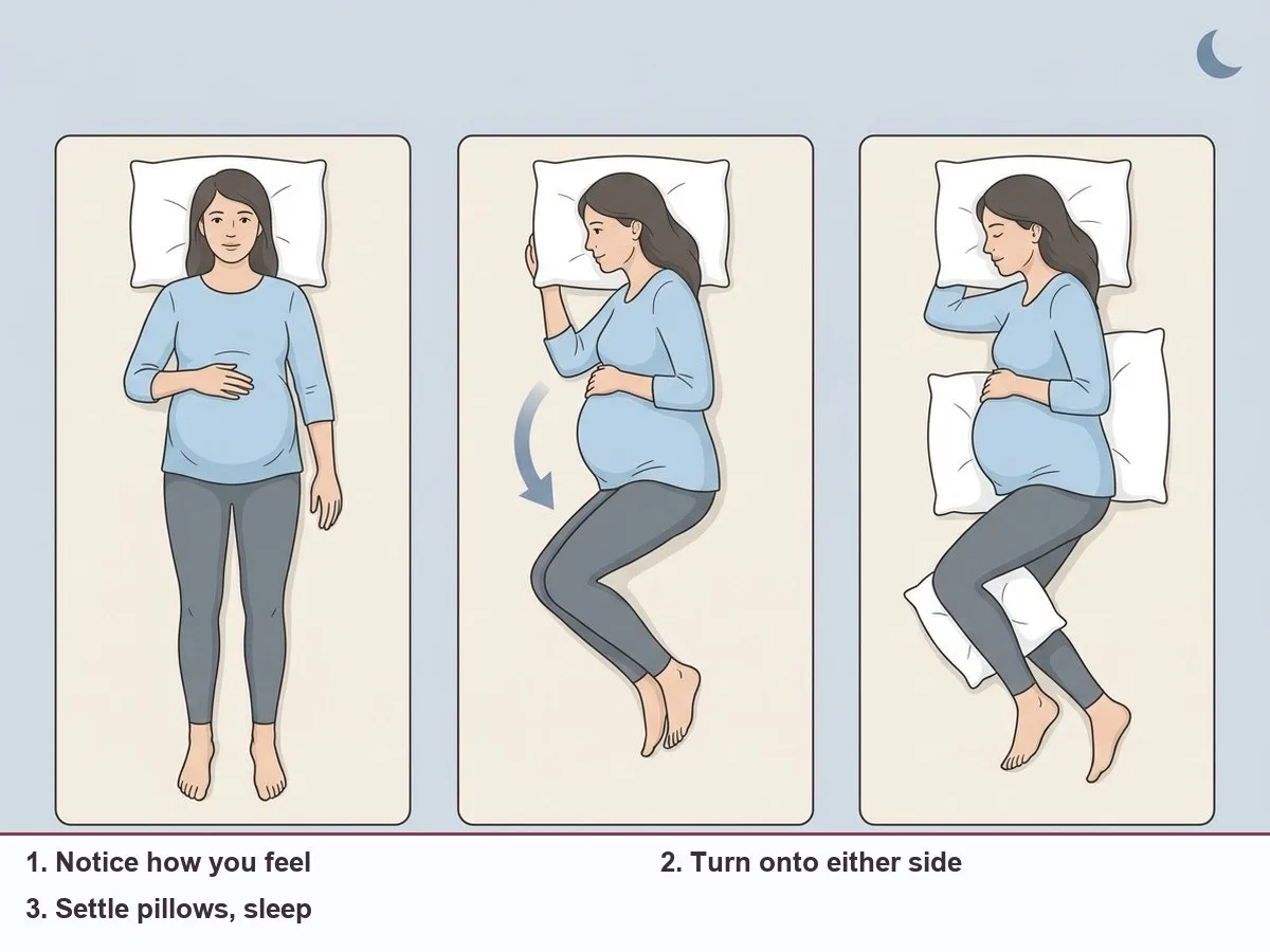 Three-step illustration of a pregnant woman noticing she is on her back, turning onto her side, and settling with pillows under her bump and between her knees