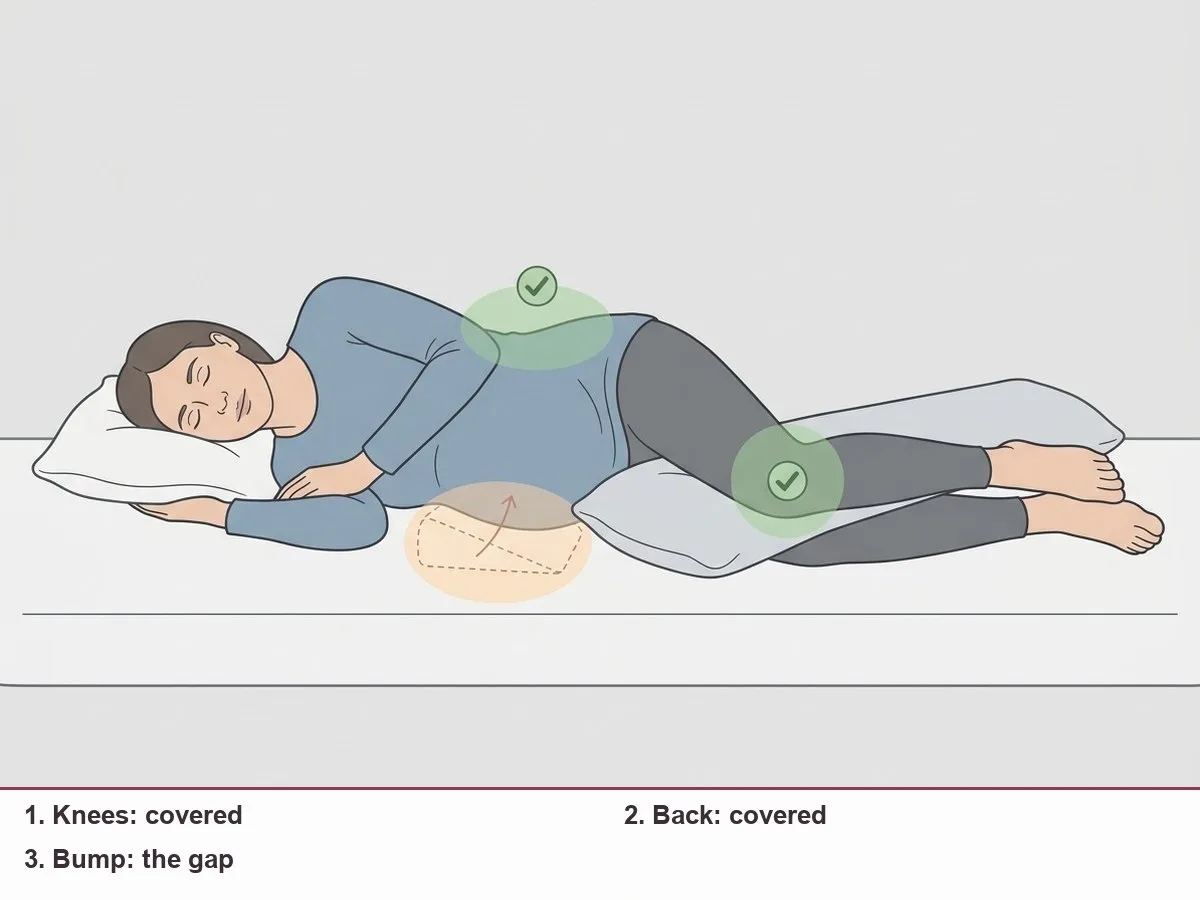 Illustration of a side-lying pregnant woman with a body pillow between her knees, and the gap under her bump highlighted where a small wedge would go