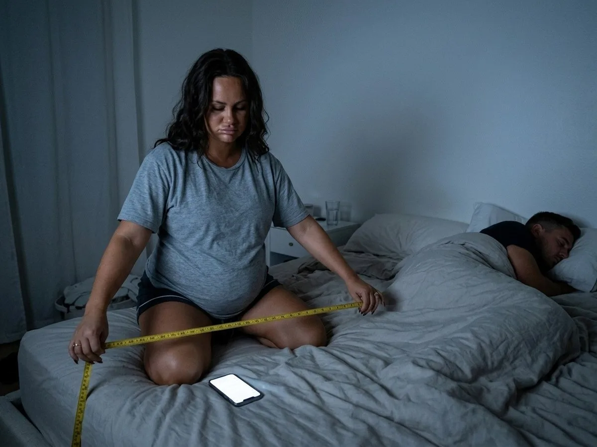 Pregnant woman kneeling on her half of a queen bed at night, measuring it with a tape measure while her phone glows beside her and her partner sleeps