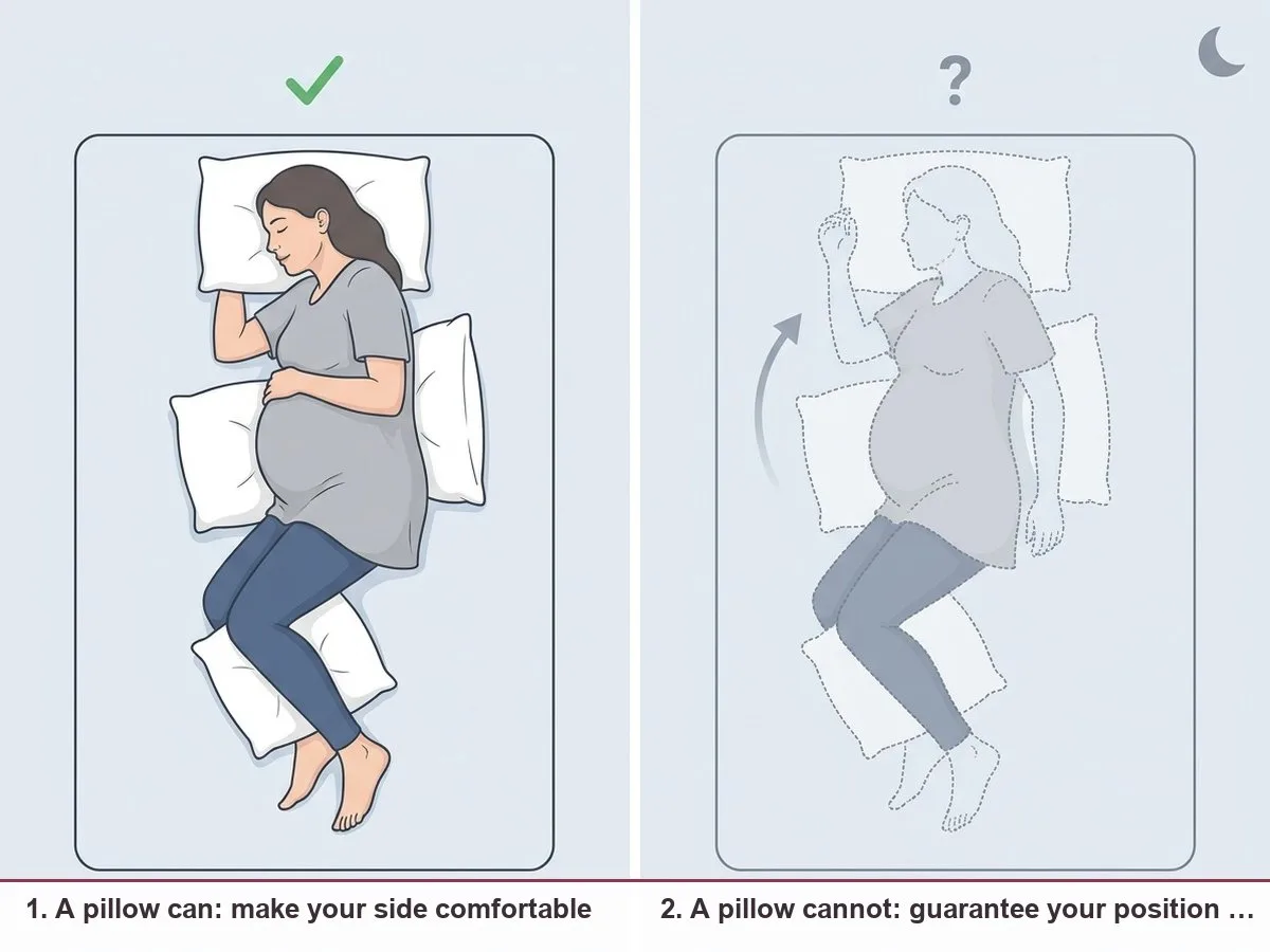 Illustration contrasting what a pillow can do, make side sleeping comfortable, with what it cannot promise, a guaranteed position all night