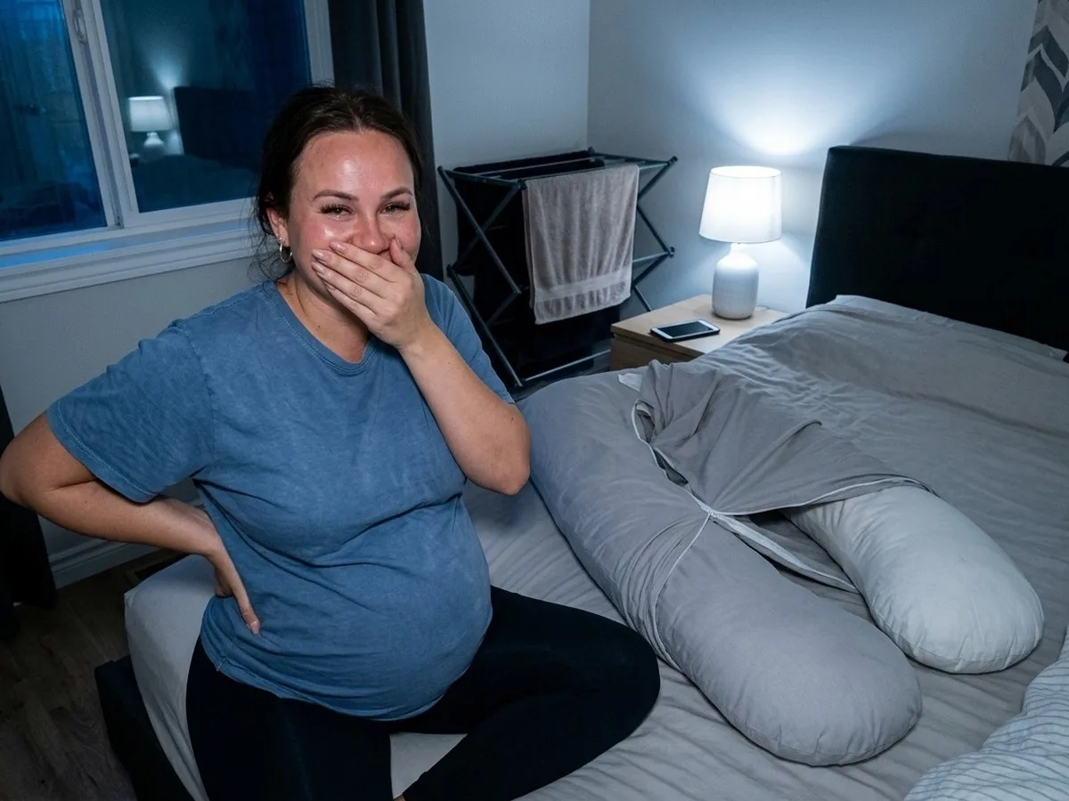 Pregnant woman sitting on the edge of a bed late at night, a long curved pillow half inside a twisted cover beside her, zipper spiralled to the top