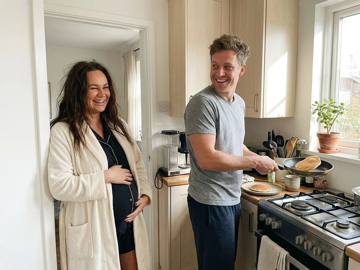 Sunny Sunday morning, rested pregnant woman in a robe laughing in the kitchen doorway while her partner flips pancakes