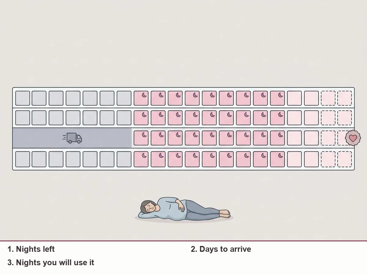 Illustration of a calendar strip of the last weeks of pregnancy, with a delivery truck covering the first days and the remaining nights highlighted