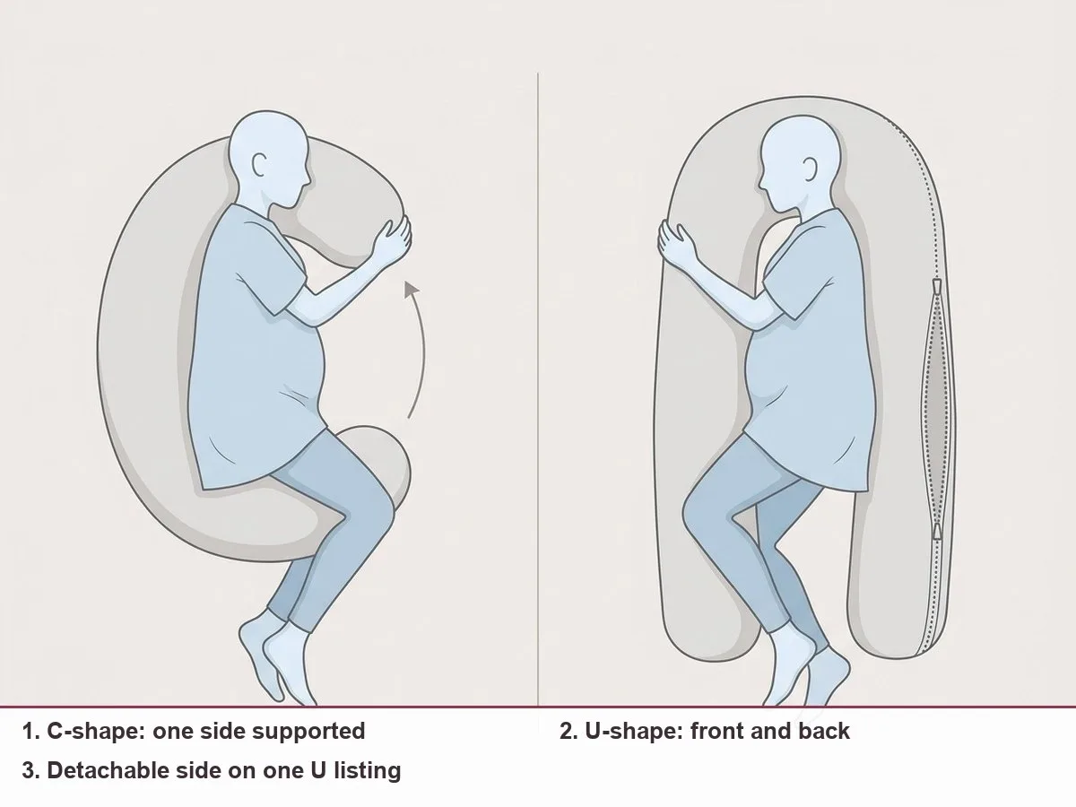 Top-down diagram comparing a C-shaped pillow beside one side of a sleeper with a U-shaped pillow around a sleeper, one U side drawn detached