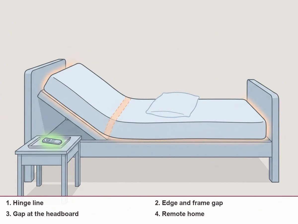 Side-view illustration of an adjustable bed with the head raised, highlighting the hinge line, the gaps at the edges and a remote tray on the nightstand