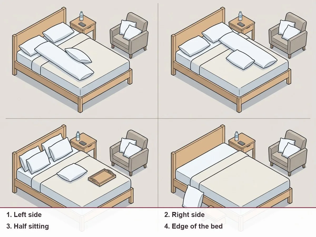 Illustration of four bed rest stations in pregnancy: lying on the left side, lying on the right side, half sitting against the headboard, and sitting on the edge of the bed