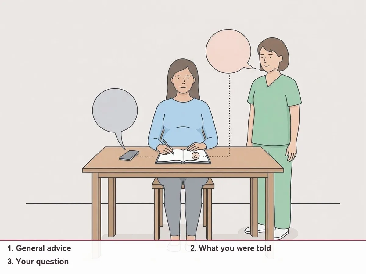 Illustration of a pregnant woman at a table with two speech bubbles, one from a phone and one from a midwife, joined by a notebook with a question mark