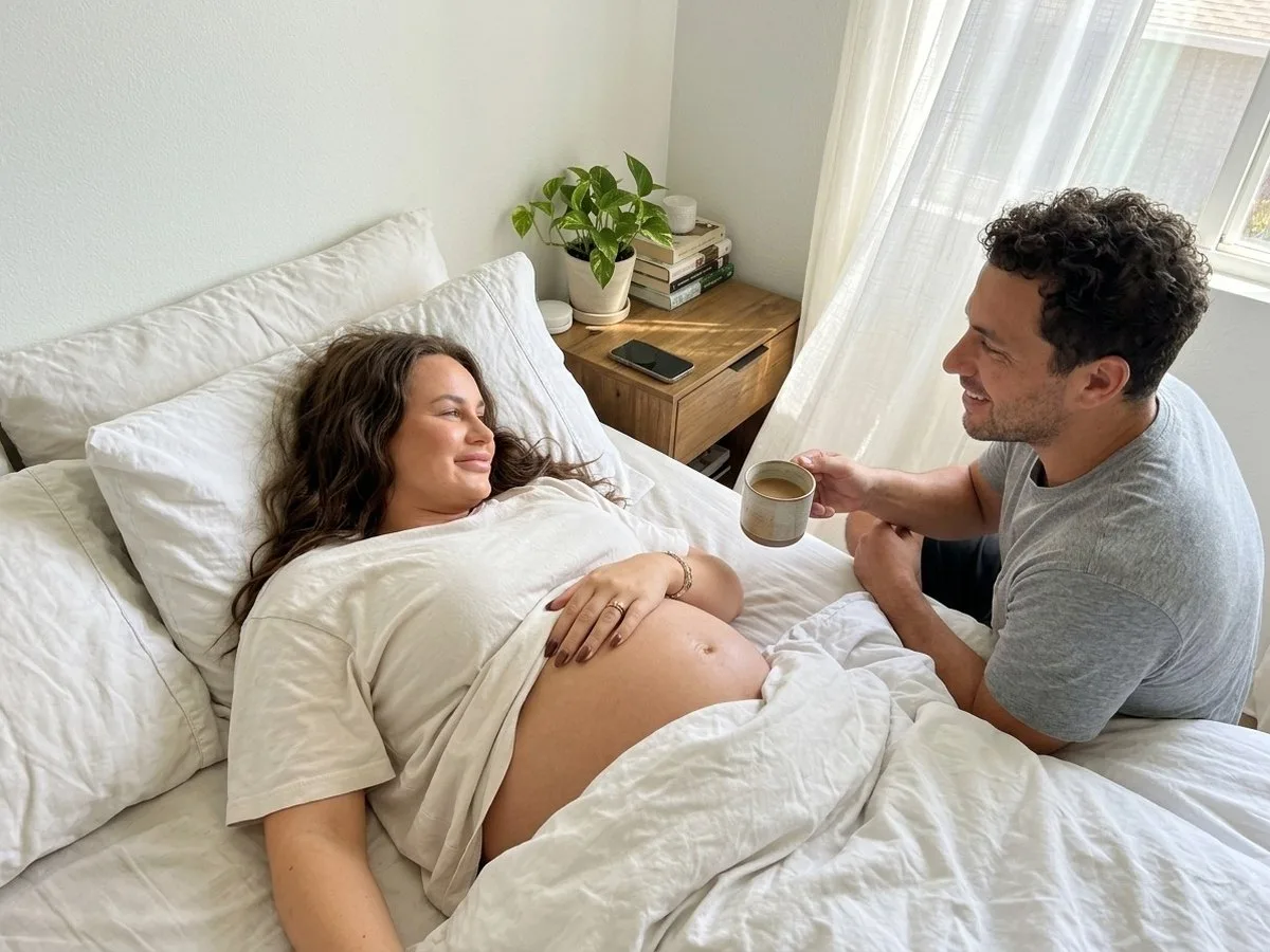 Bright spring morning, pregnant woman asleep on her side smiling as her partner brings her coffee in bed