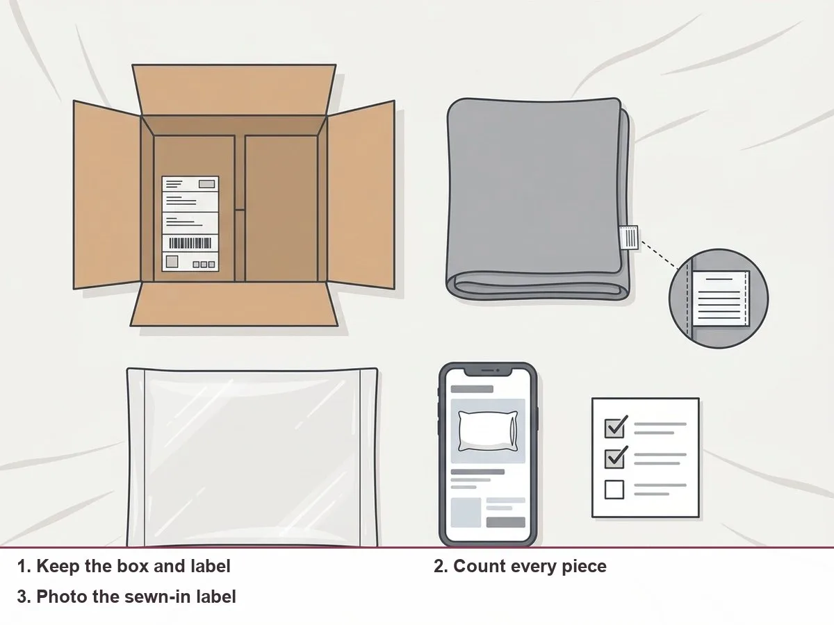 Illustration of an opened delivery box with pillow pieces laid out on a bed next to a phone showing the order, a label close-up and a tick list