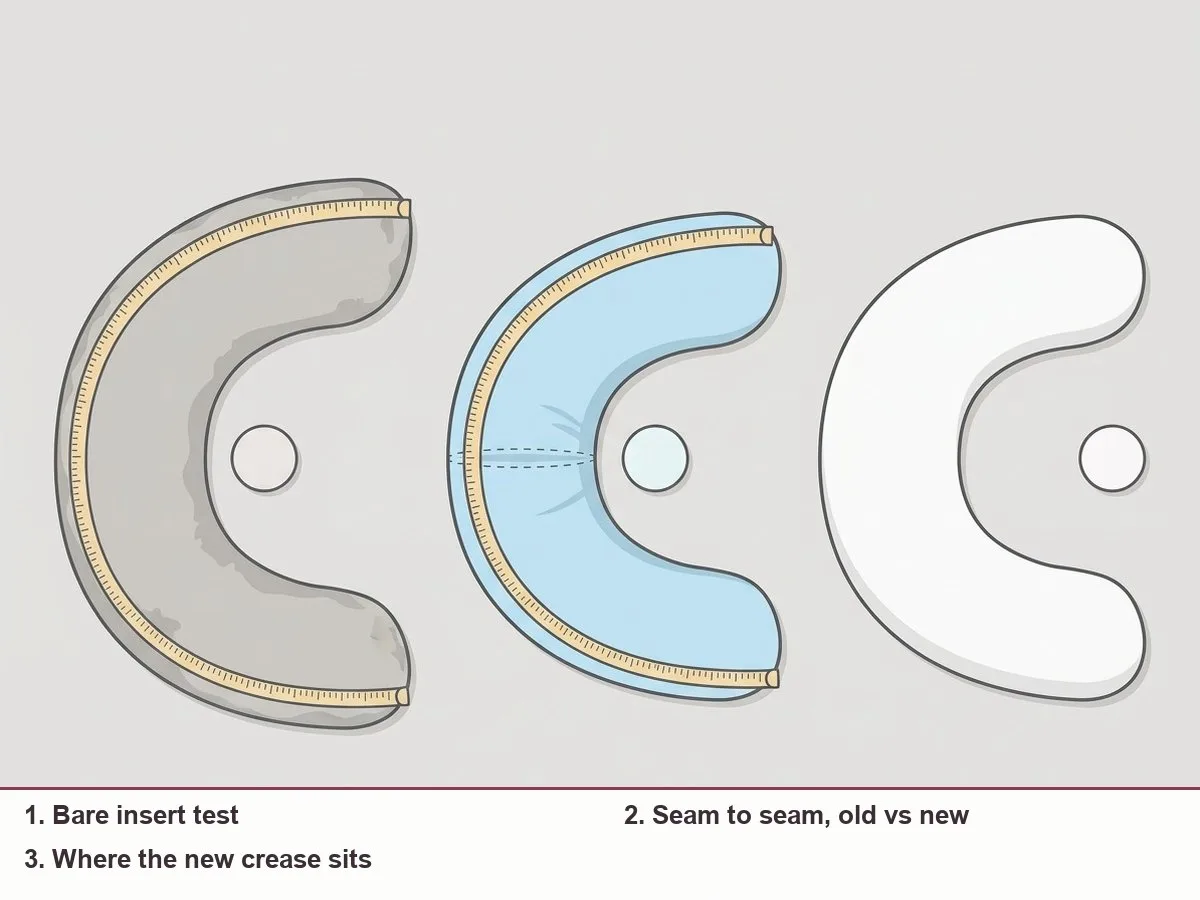 Illustration of an old and a new pillow cover laid flat side by side, with measuring tape seam to seam and a bare insert beside them
